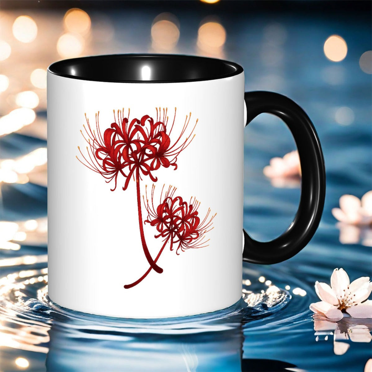 Tailorly Black Accent 11 oz Mug - spider lily print