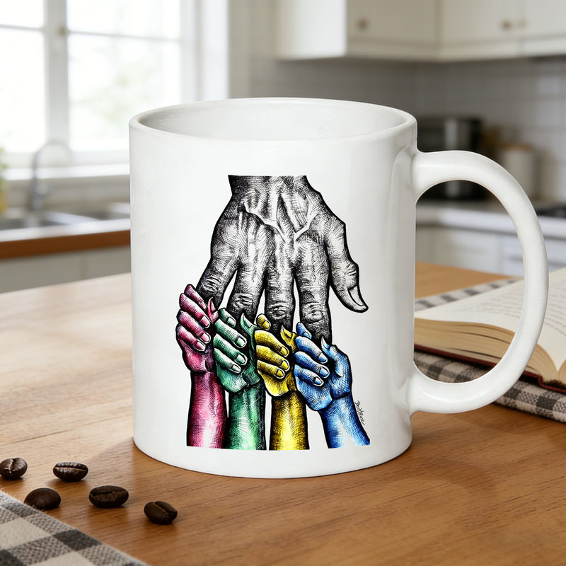 Tailorly White Ceramic 11 oz Mug - colorful hands holding enormous