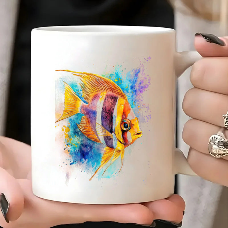 Tailorly White Ceramic 11 oz Mug - tropical watercolor purple yellow striped ocean themed