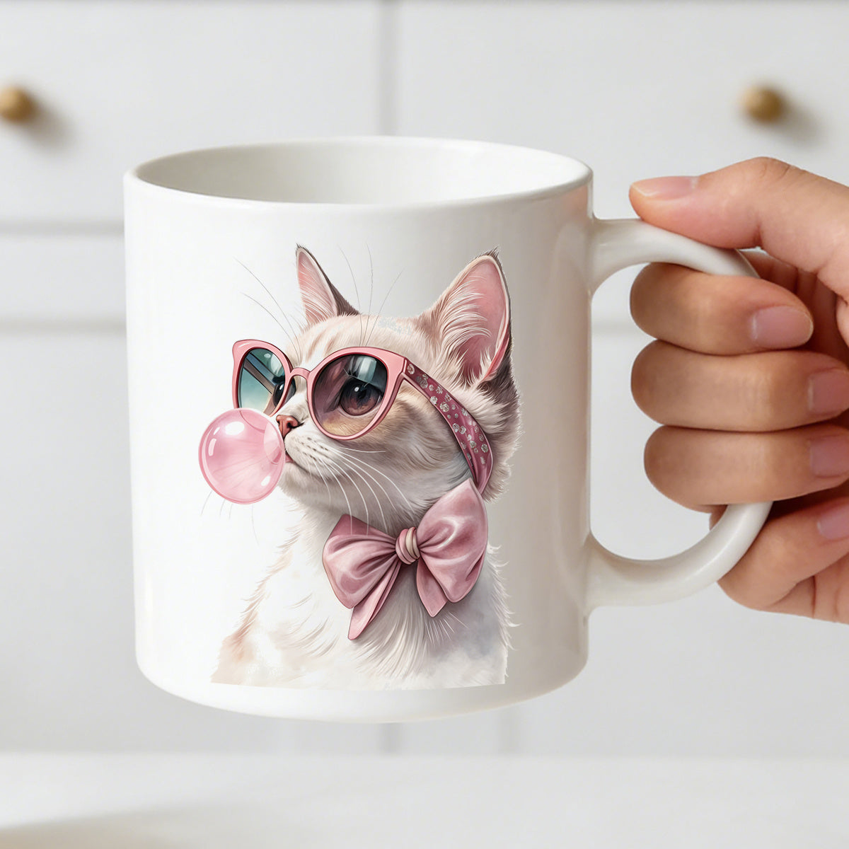 Tailorly White Ceramic 11 oz Mug - bubblegum cat