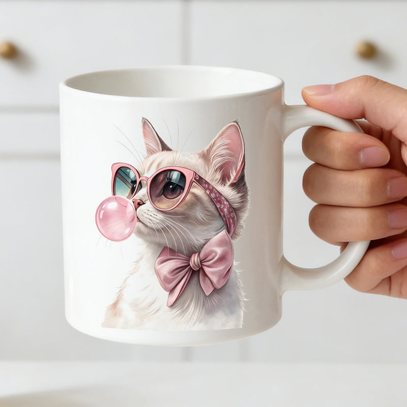 Tailorly White Ceramic 11 oz Mug - bubblegum cat