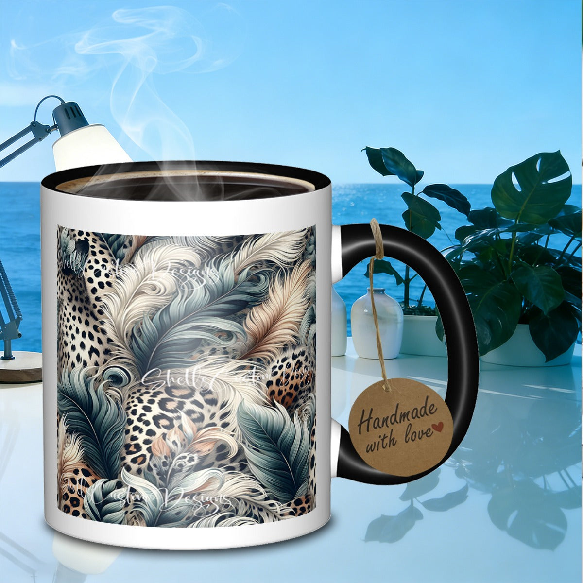 Tailorly Black Accent 11 oz Mug - animal print and feathers