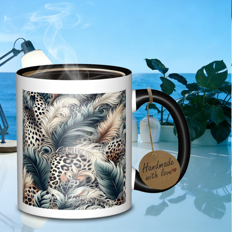 Tailorly Black Accent 11 oz Mug - animal print and feathers
