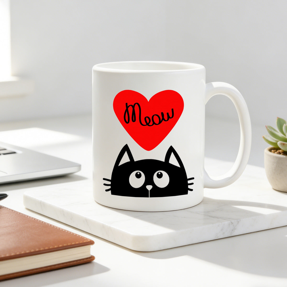 Tailorly White Ceramic 11 oz Mug - red heart big eyes