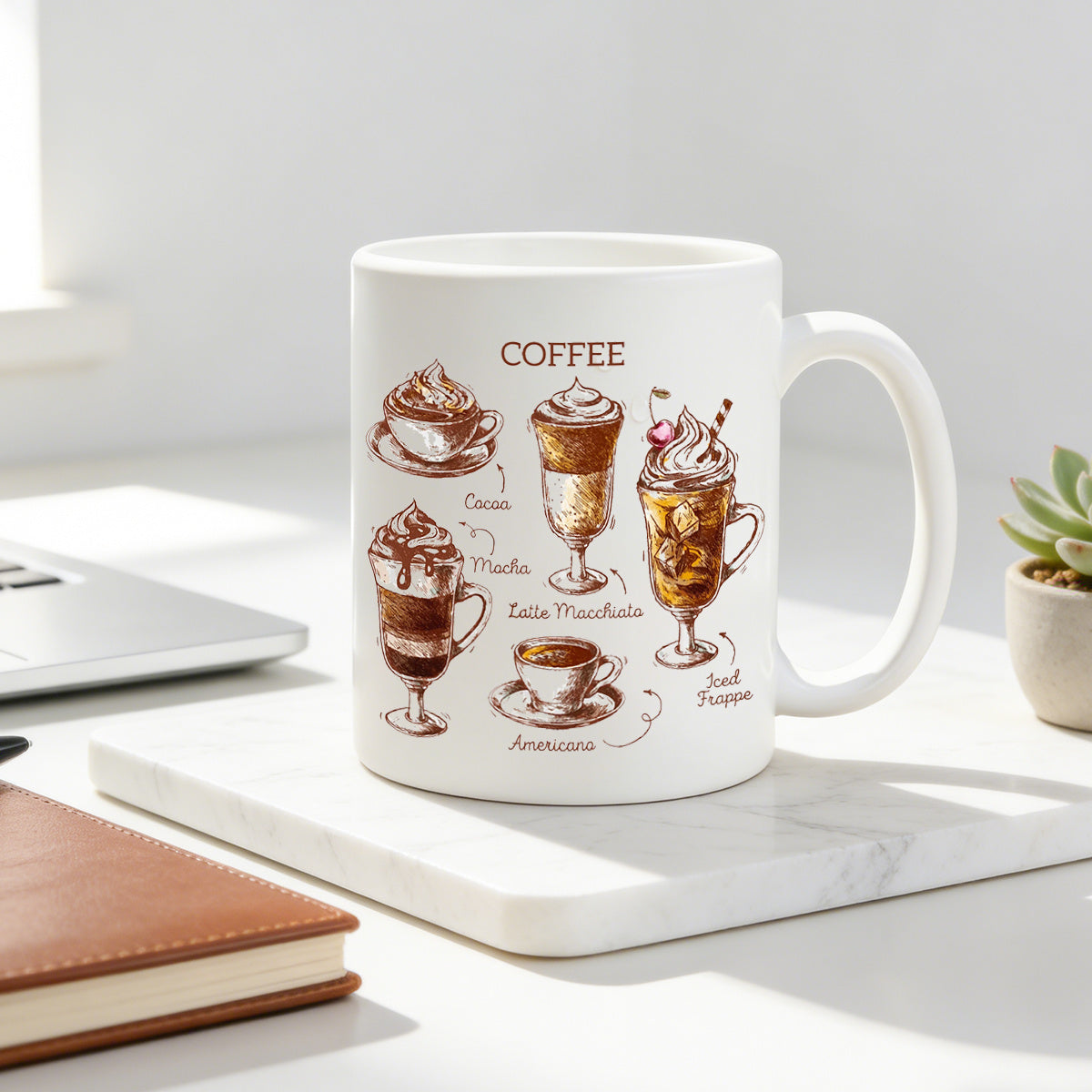 Tailorly White Ceramic 11 oz Mug - vintage coffee types with hand drawn illustration of latte