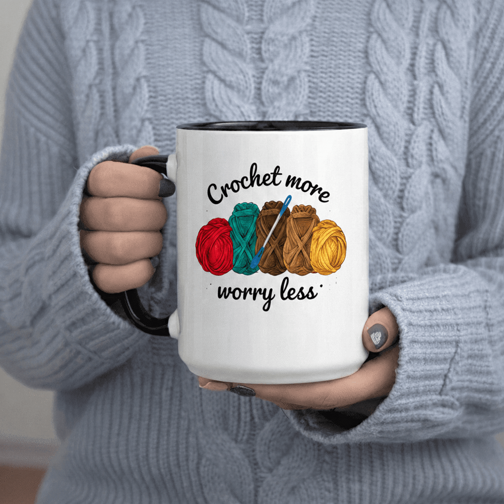 Tailorly Black Accent 11 oz Mug - Yarn and crochet hook illustration