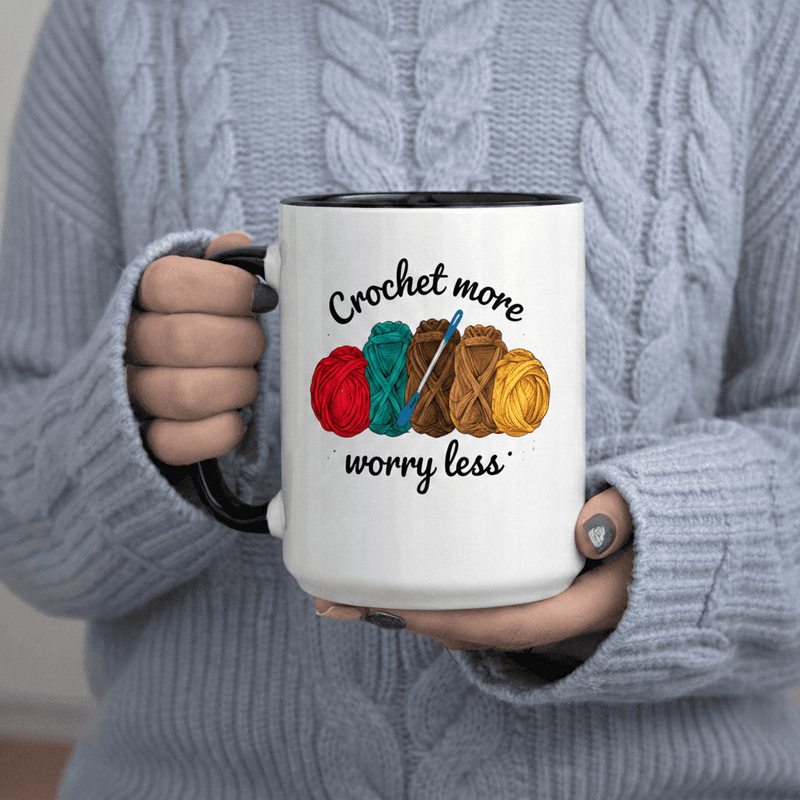 Tailorly Black Accent 11 oz Mug - Yarn and crochet hook illustration