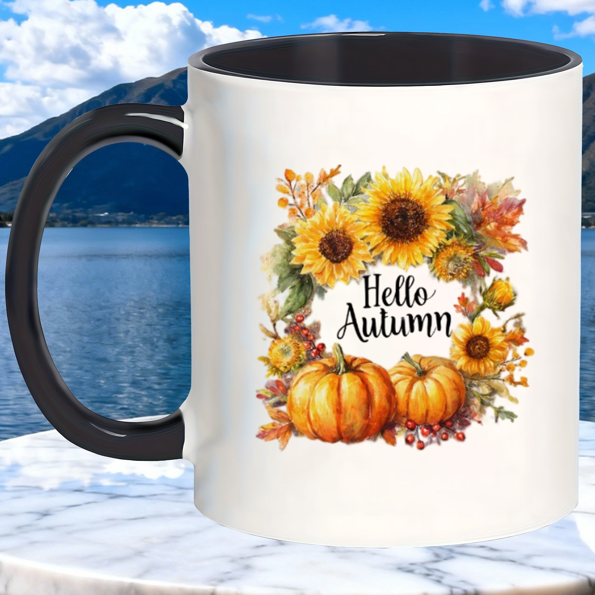 Tailorly Black Accent 11 oz Mug - sunflowers pumpkins