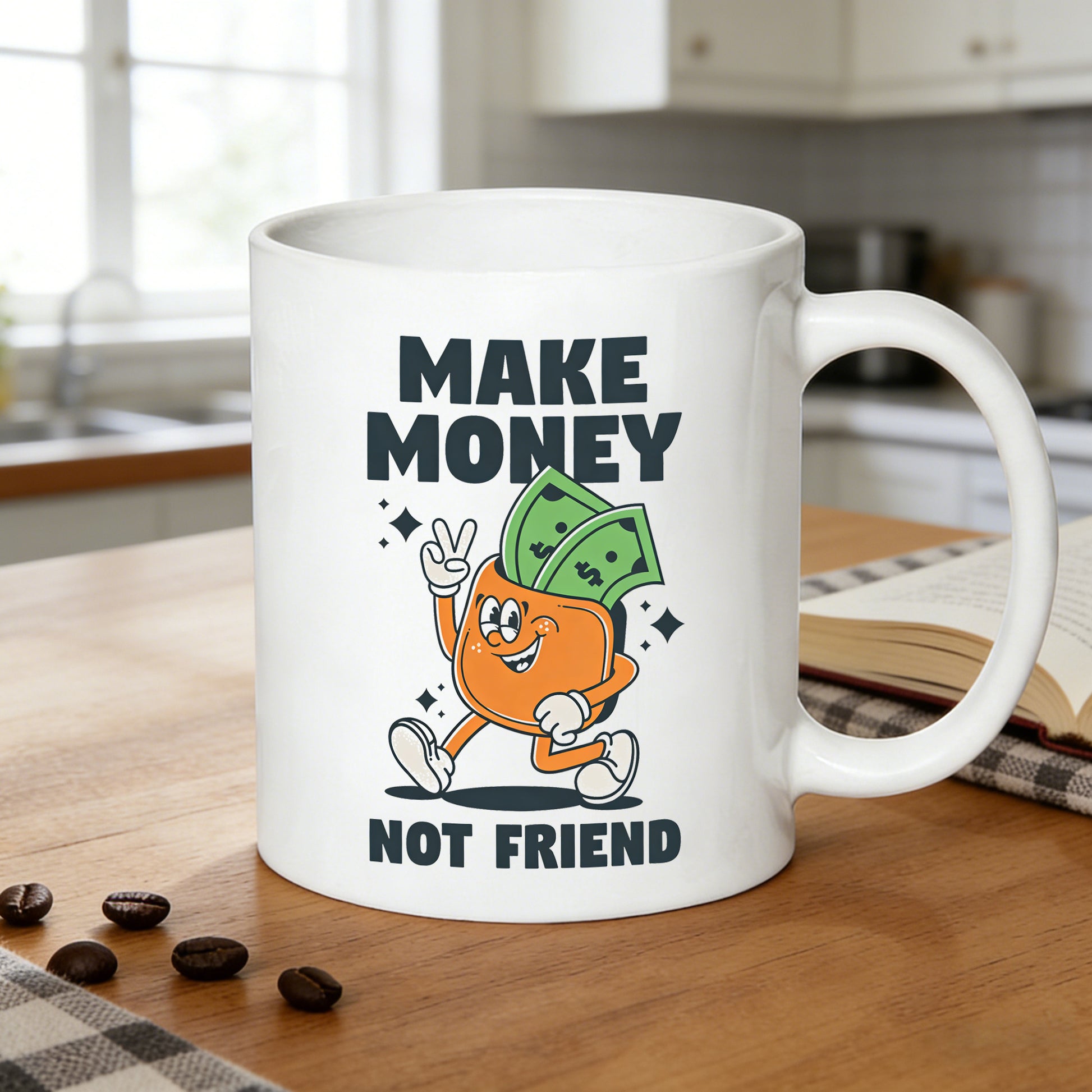 Tailorly White Ceramic 11 oz Mug - make money not friend retro cartoon vintage mascot