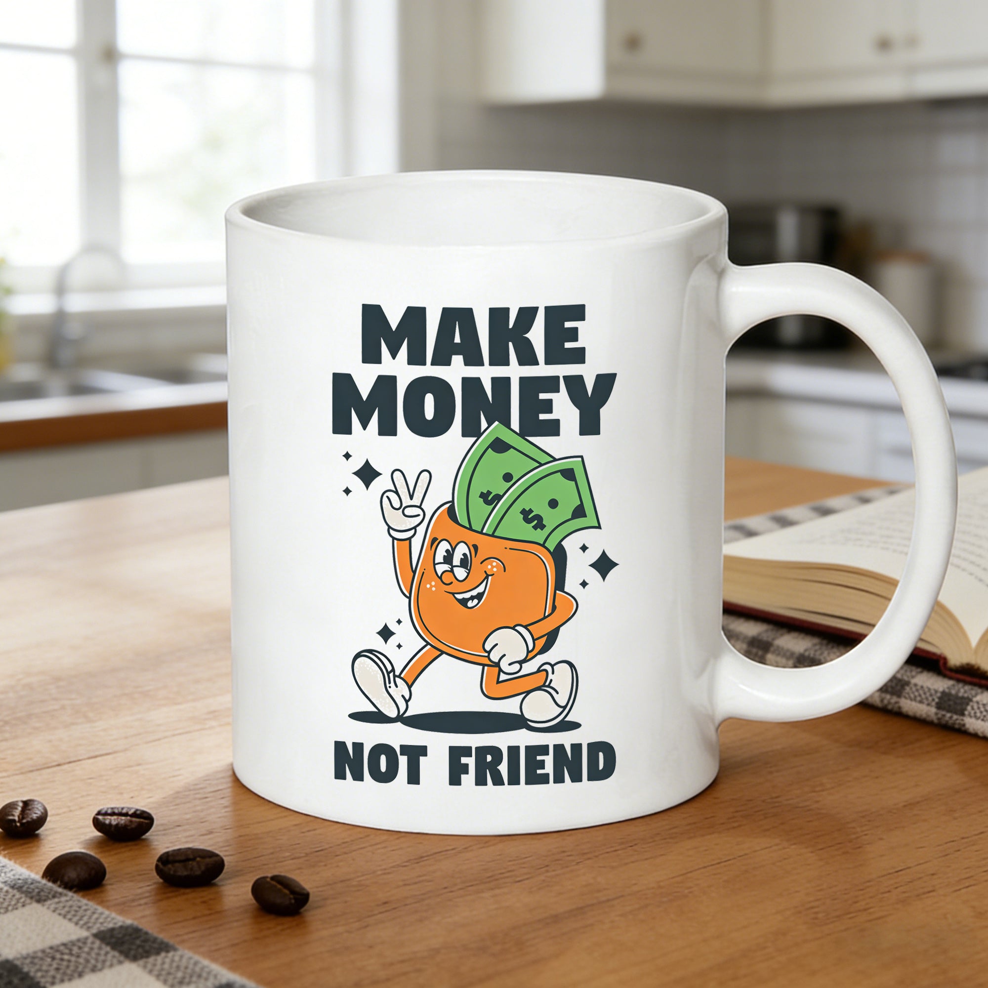 Tailorly White Ceramic 11 oz Mug - make money not friend retro cartoon vintage mascot