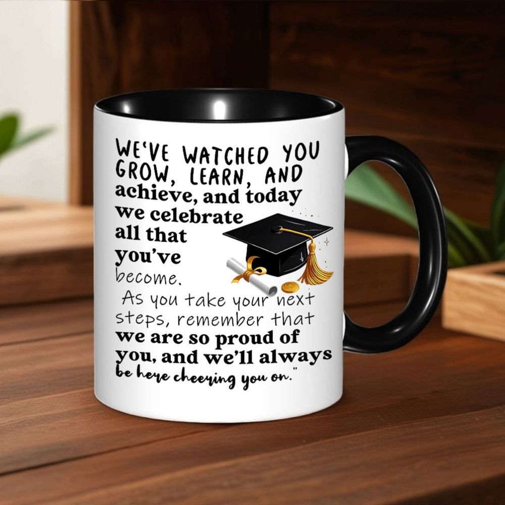 Tailorly Black Accent 11 oz Mug - single piece graduation mug with rim and ceramic cup elegant white coffee cup suitable as a gift for university
