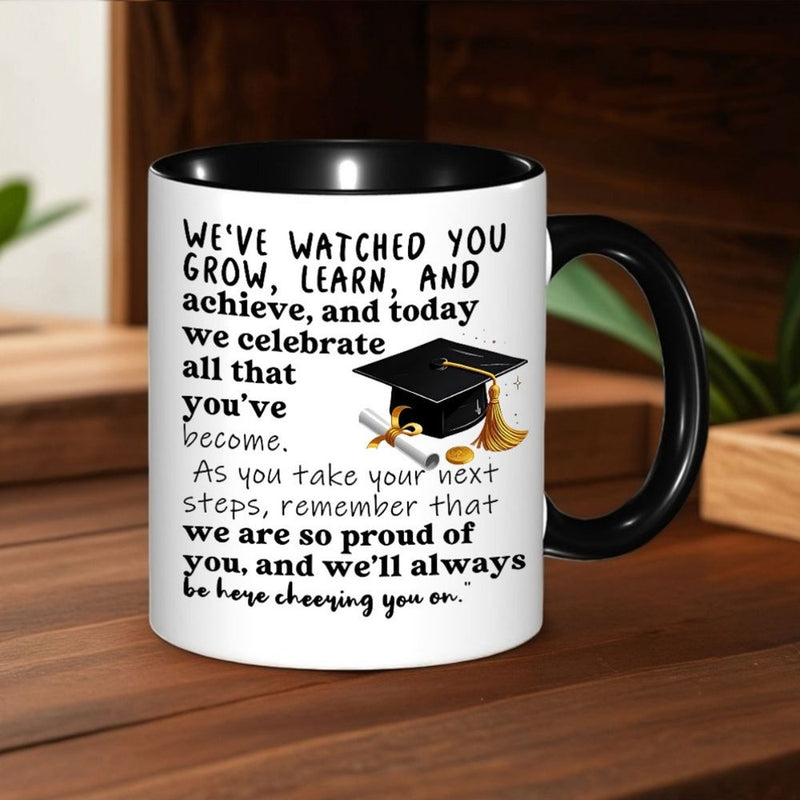 Tailorly Black Accent 11 oz Mug - single piece graduation mug with rim and ceramic cup elegant white coffee cup suitable as a gift for university
