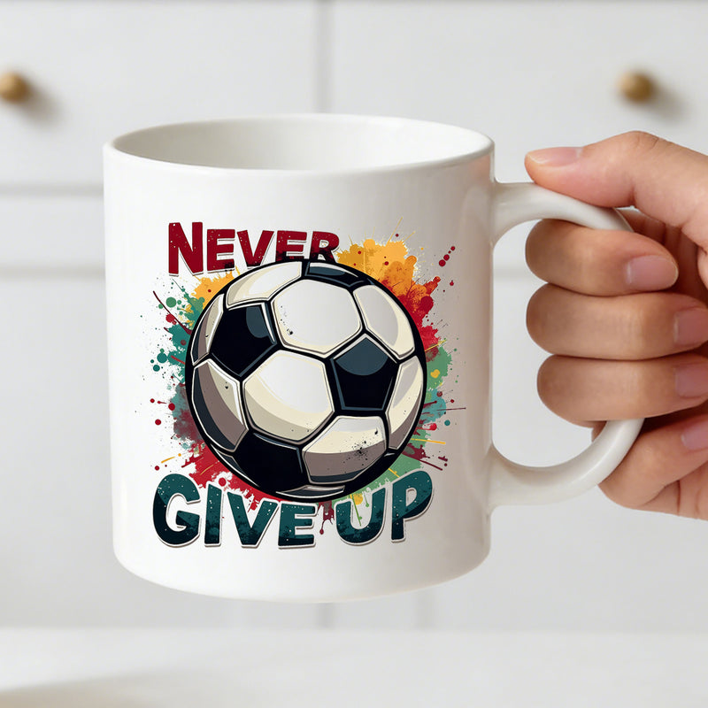 Tailorly White Ceramic 11 oz Mug - never give up soccer ball motivational sports design