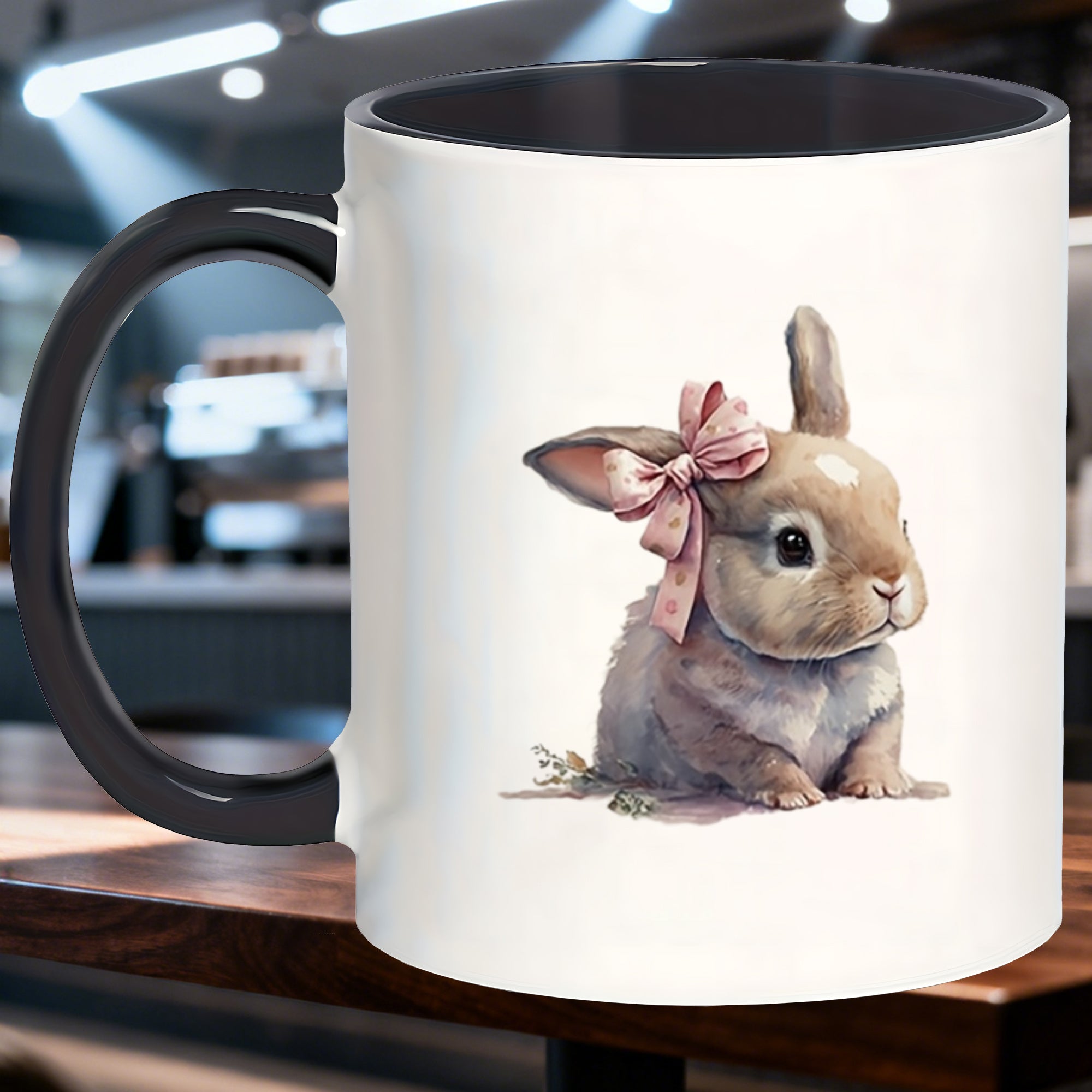 Tailorly Black Accent 11 oz Mug - cute pink bow rabbit