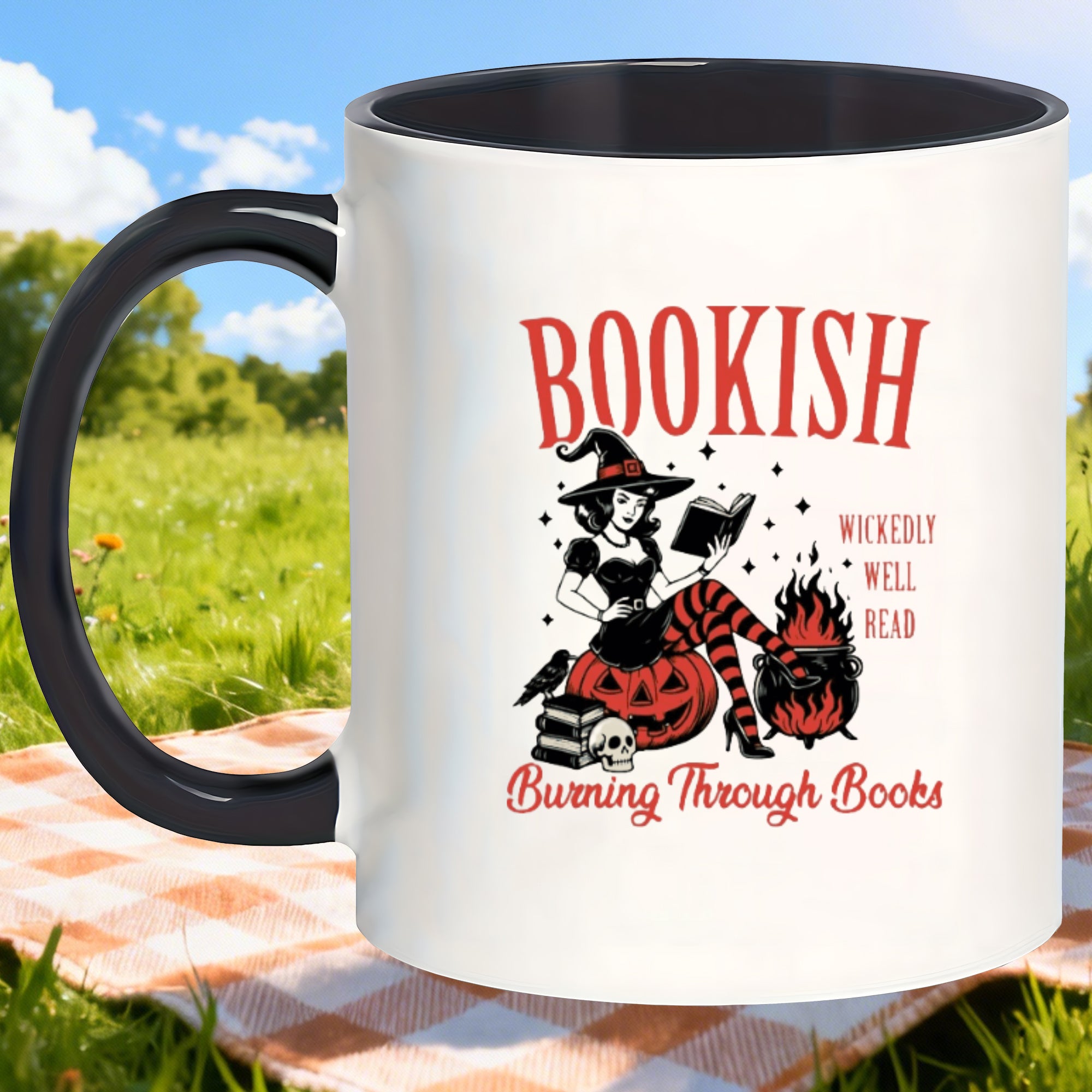 Tailorly Black Accent 11 oz Mug - bookish， halloween， christmas， thanksgiving themed illustrations