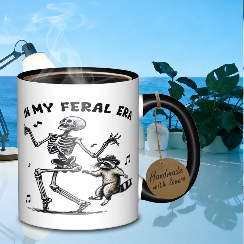 Tailorly Black Accent 11 oz Mug - dancing skeleton raccoon