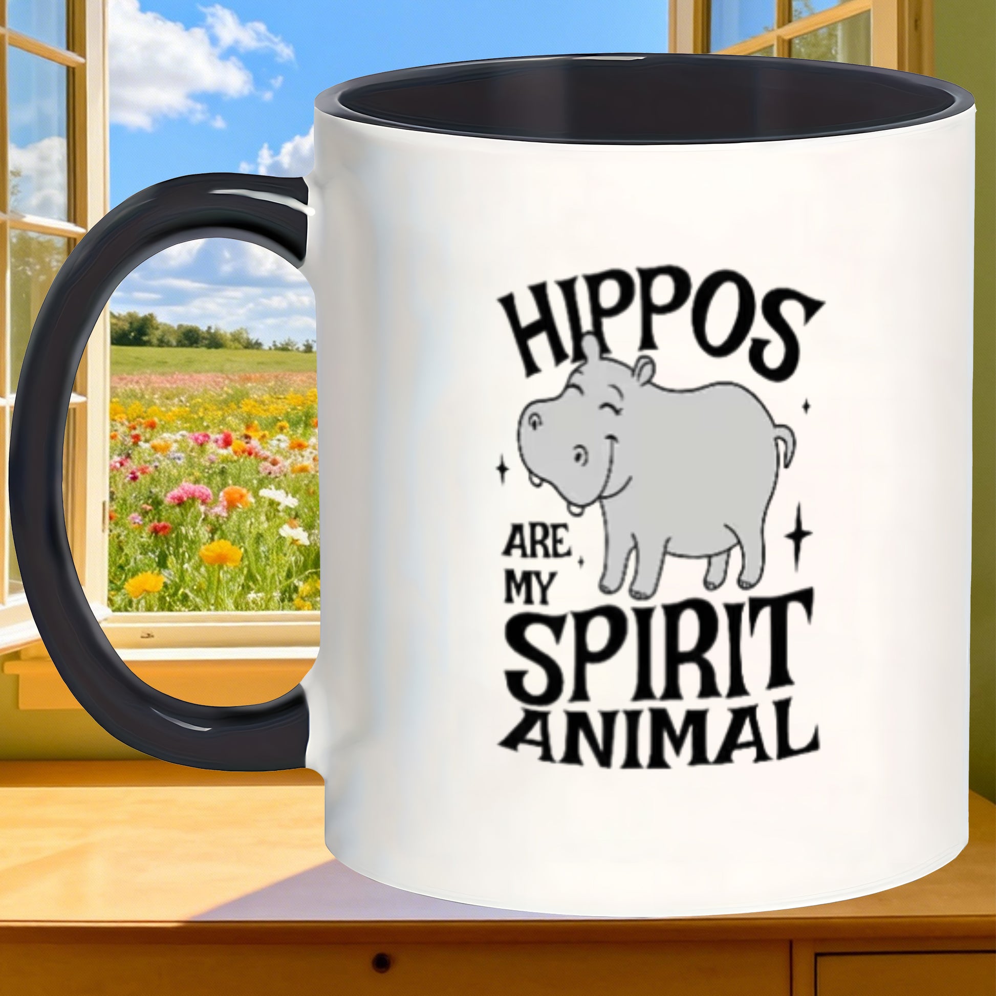 Tailorly Black Accent 11 oz Mug - hippo with quote about daily beverages and occasions like christmas thanksgiving