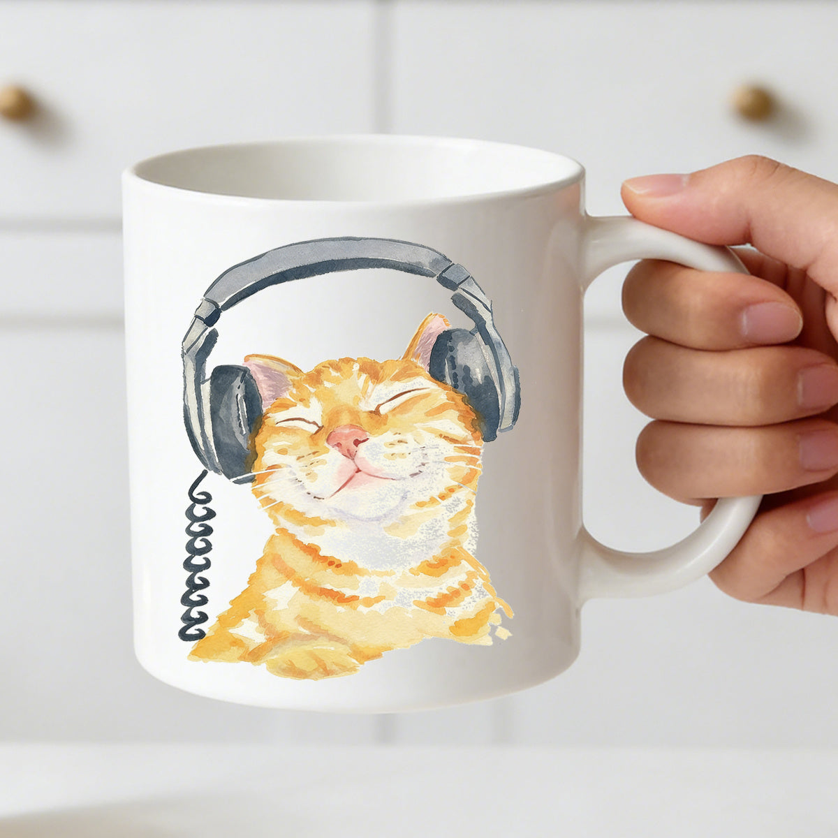 Tailorly White Ceramic 11 oz Mug - headphones， watercolor tabby kitten