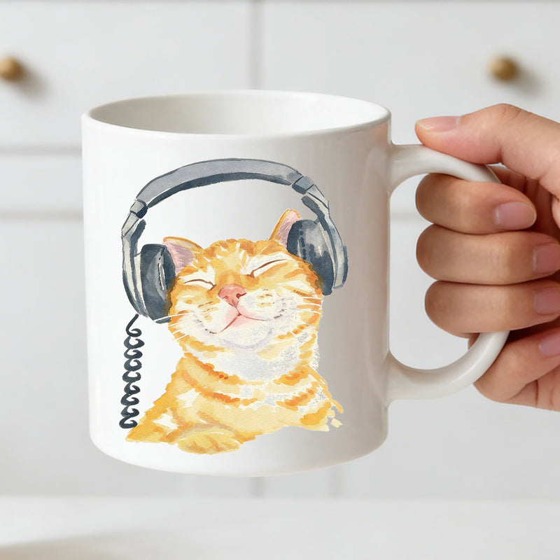 Tailorly White Ceramic 11 oz Mug - headphones， watercolor tabby kitten