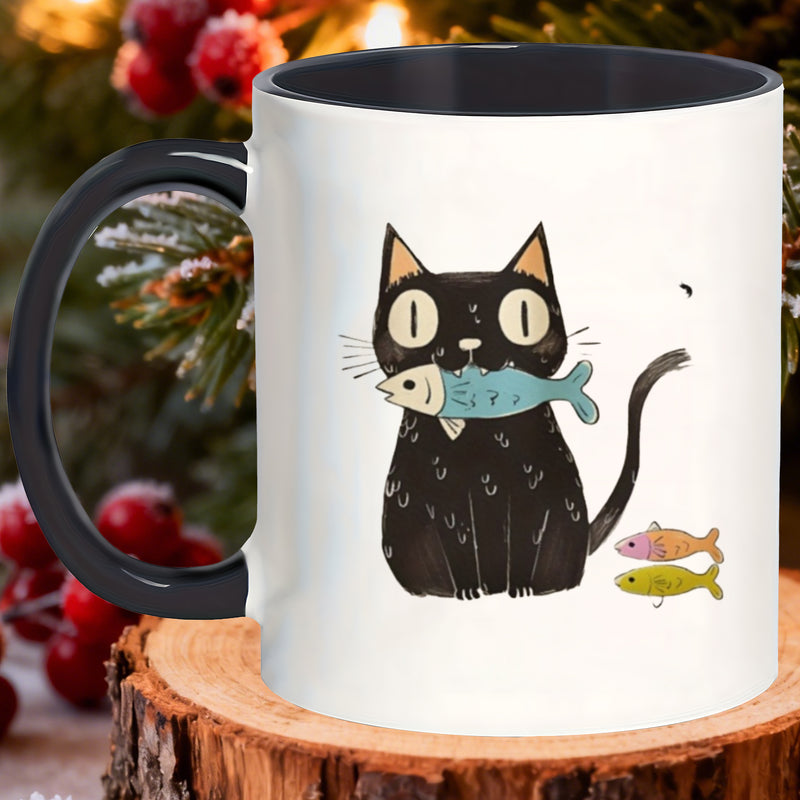 Tailorly Black Accent 11 oz Mug - adorable cat and iced pool lattes