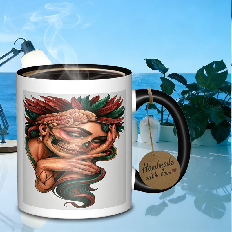 Tailorly Black Accent 11 oz Mug - calavera woman with feathers