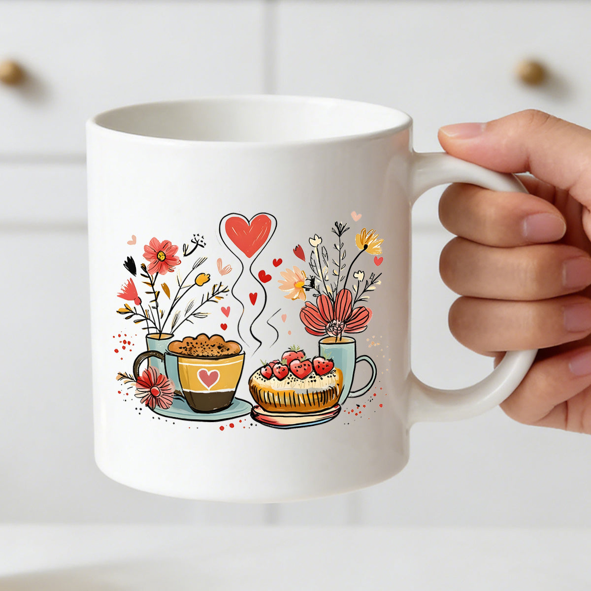 Tailorly White Ceramic 11 oz Mug - coffee and strawberry cake floral design