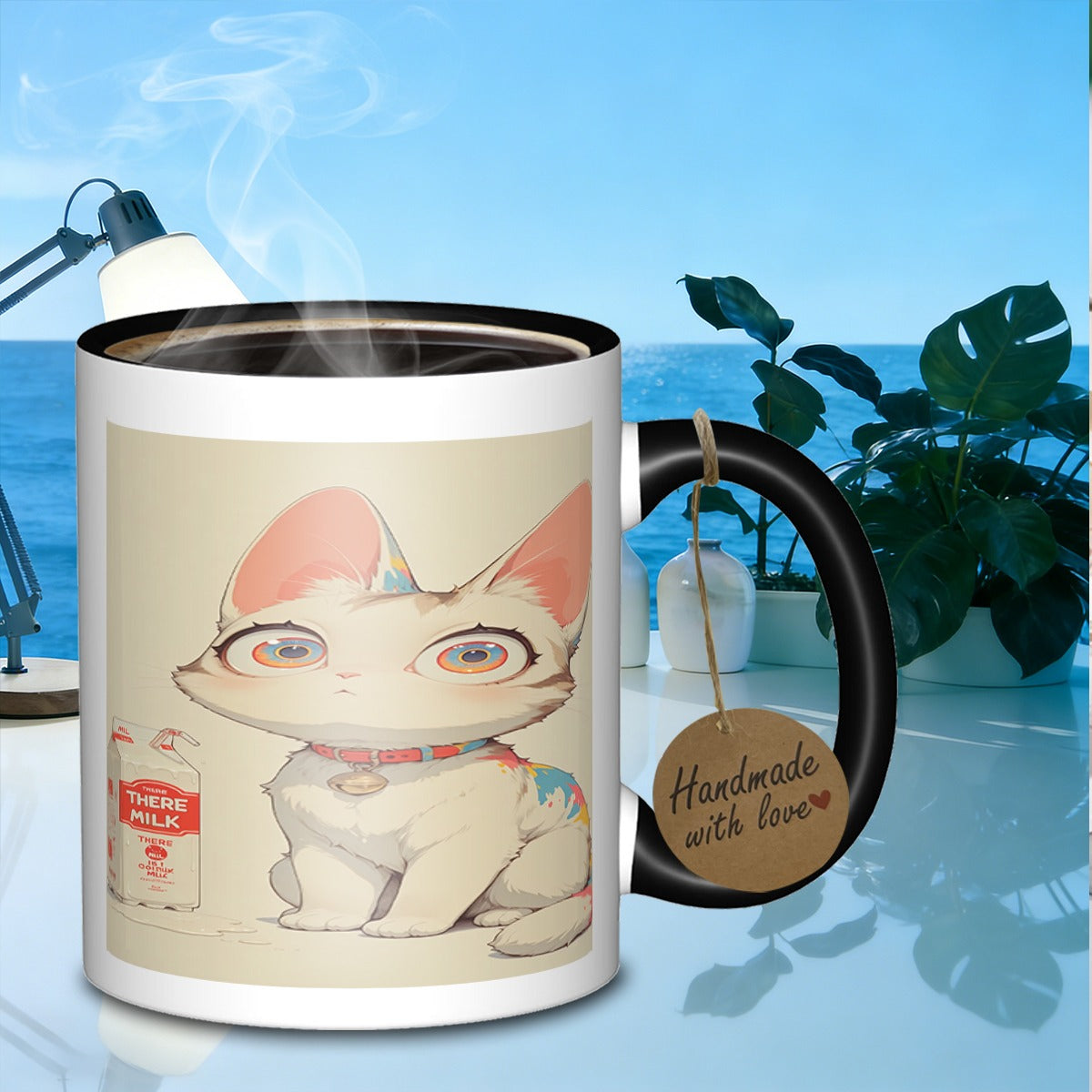 Tailorly Black Accent 11 oz Mug - cat with milk carton