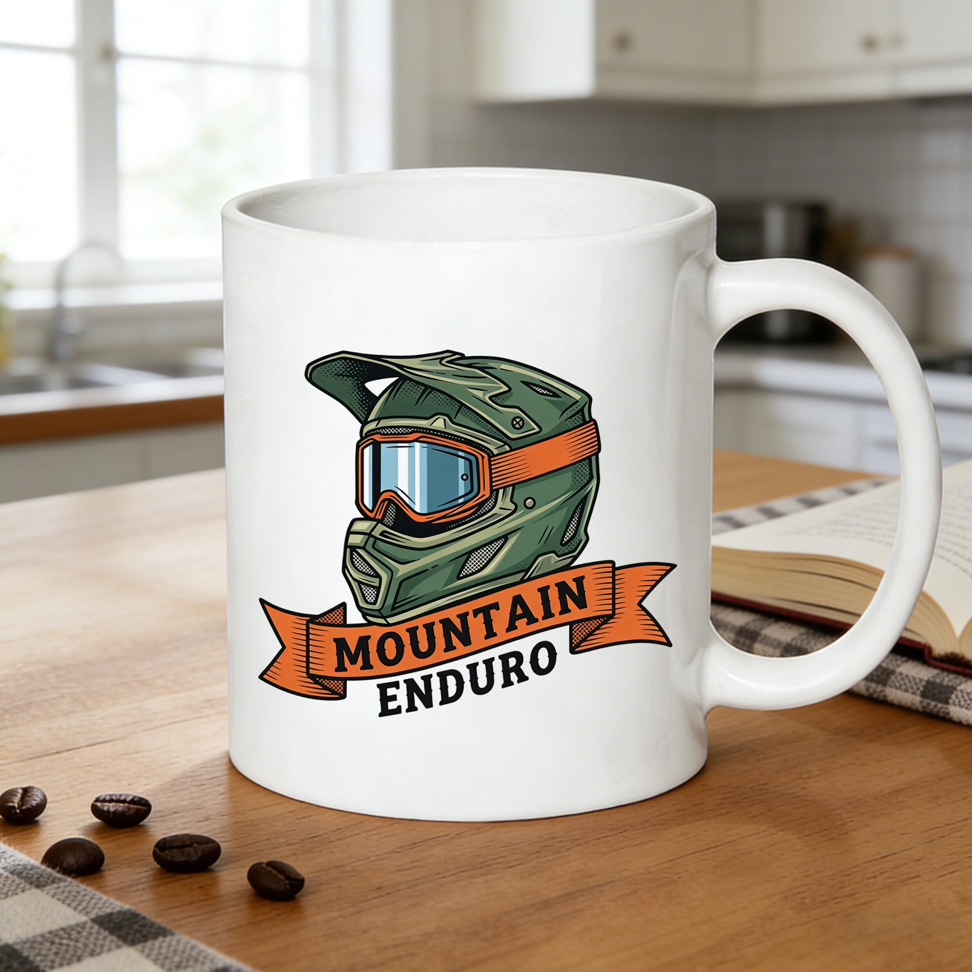 Tailorly White Ceramic 11 oz Mug - mountain enduro helmet dirt bike helmet vintage design