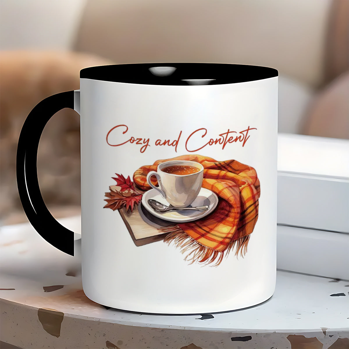 Tailorly Black Accent 11 oz Mug - cozy autumn plaid scarf and the words warm