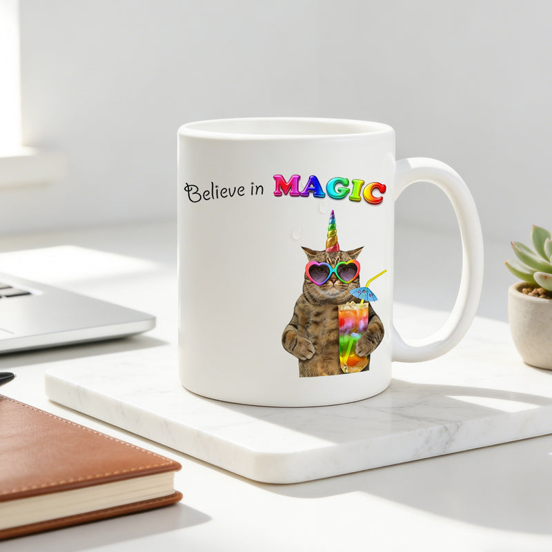 Tailorly White Ceramic 11 oz Mug - cute cat with rainbow horn