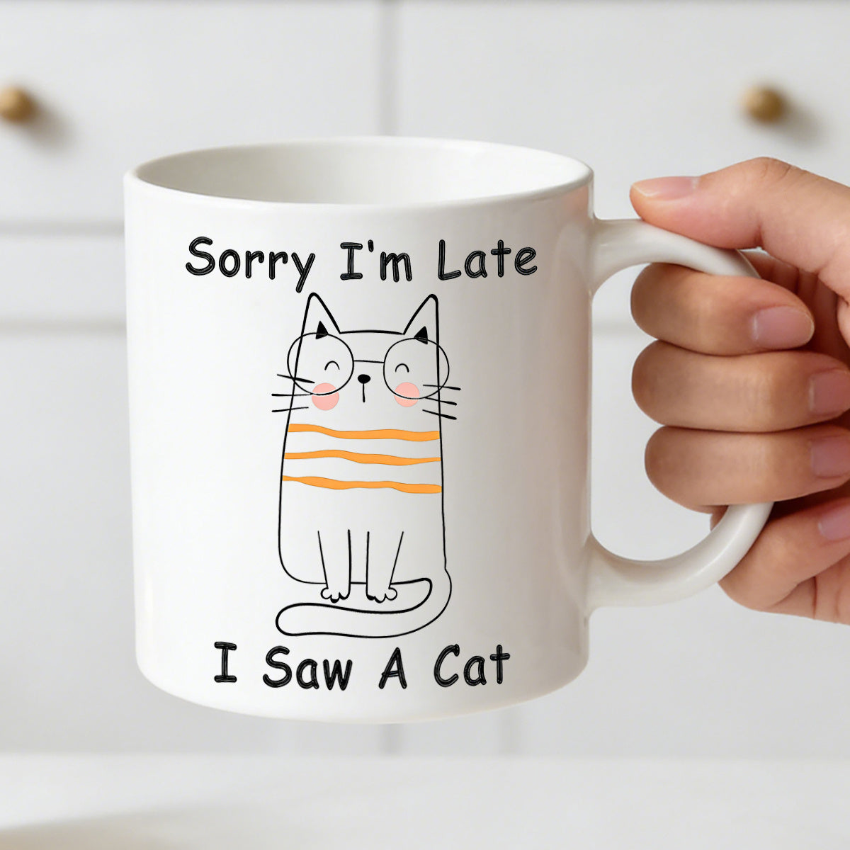 Tailorly White Ceramic 11 oz Mug - sorry im late i saw a cat cute cat cartoon text