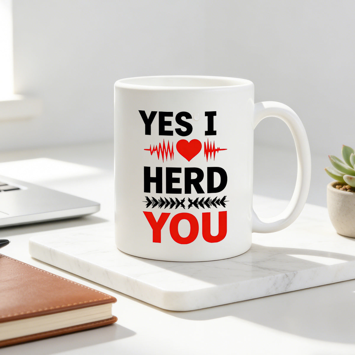Tailorly White Ceramic 11 oz Mug - yes i love herd heartbeat arrow print