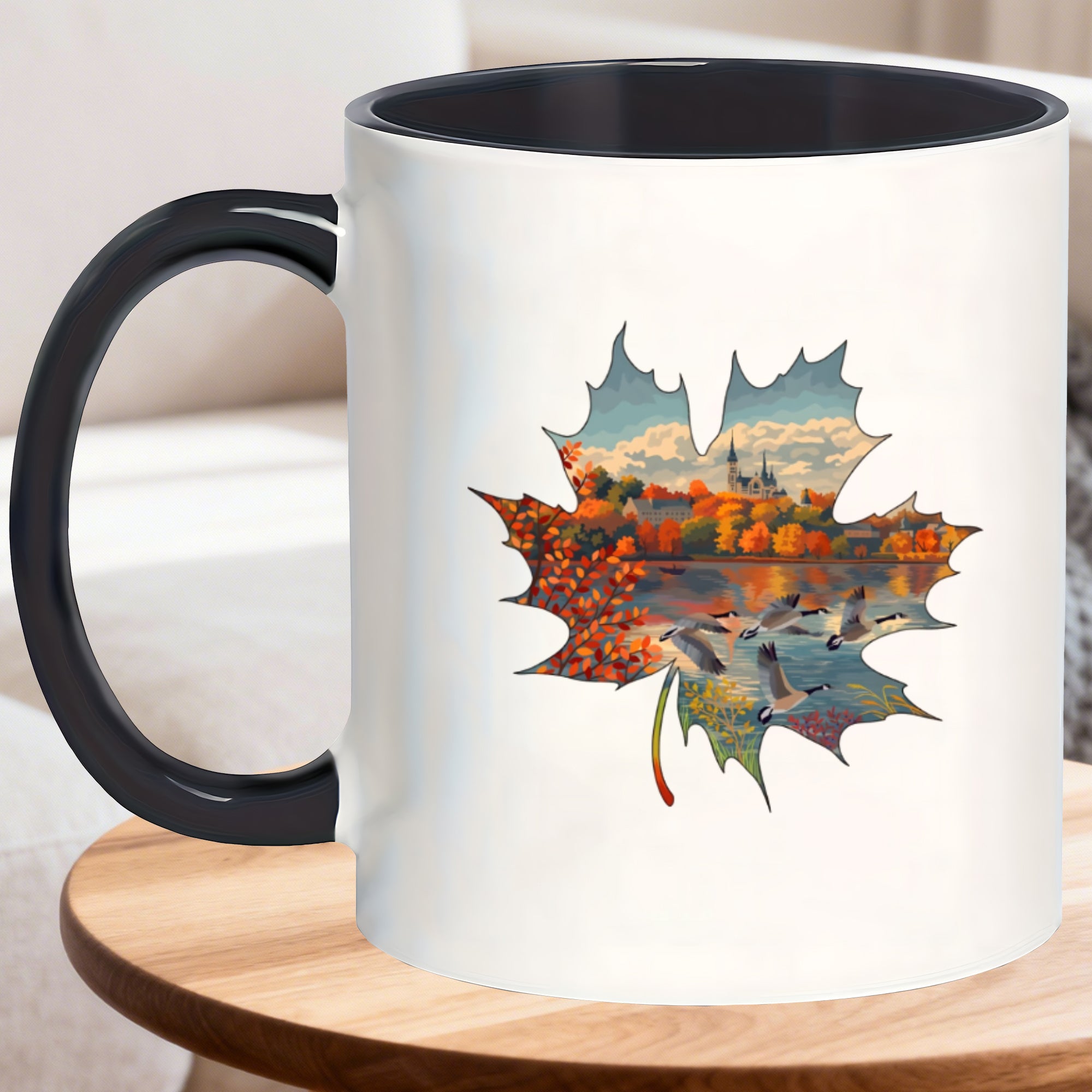 Tailorly Black Accent 11 oz Mug - maple leaf pattern