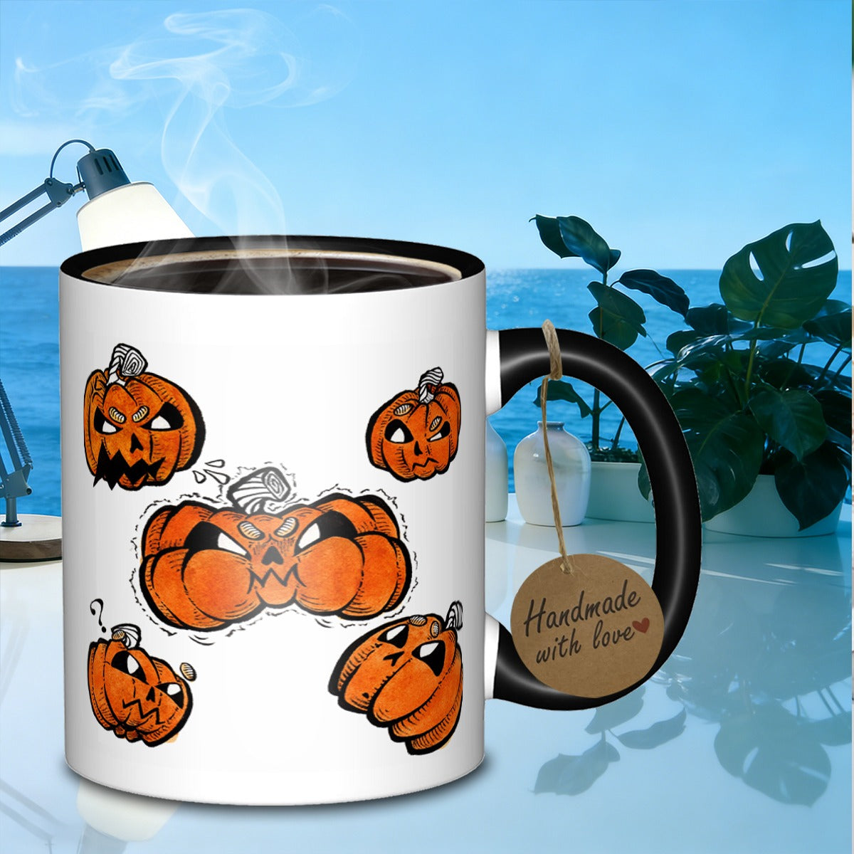 Tailorly Black Accent 11 oz Mug - jack o lantern faces