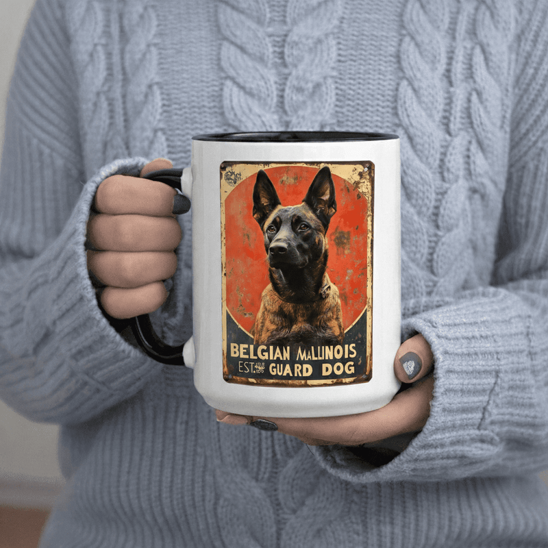 Tailorly Black Accent 11 oz Mug - Belgian Malinois dog illustration with text "Est 1895"
