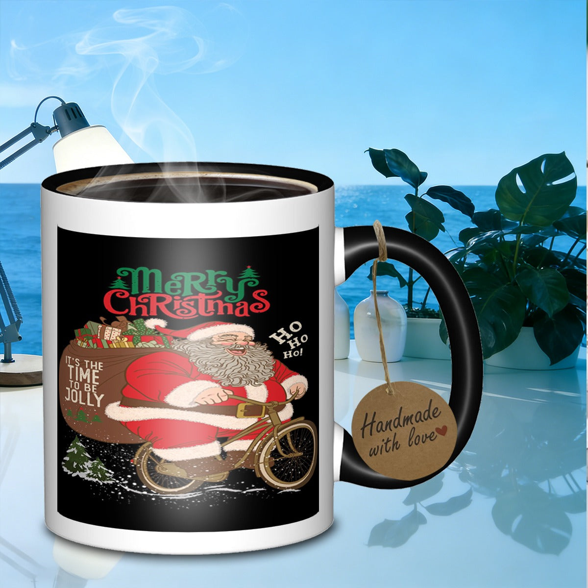 Tailorly Black Accent 11 oz Mug - Santa riding a bicycle