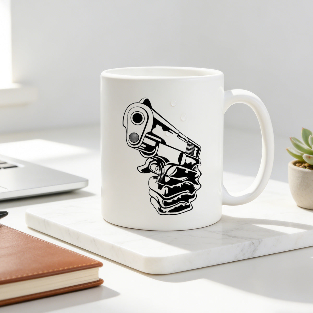 Tailorly White Ceramic 11 oz Mug - hand holding coffee cup gun graphic
