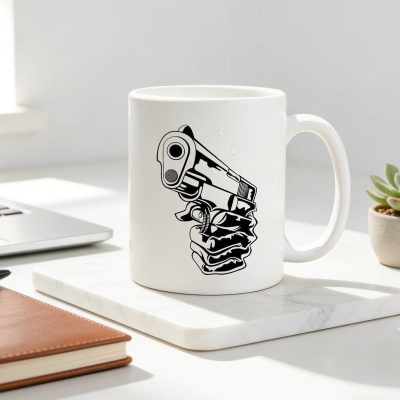 Tailorly White Ceramic 11 oz Mug - hand holding coffee cup gun graphic