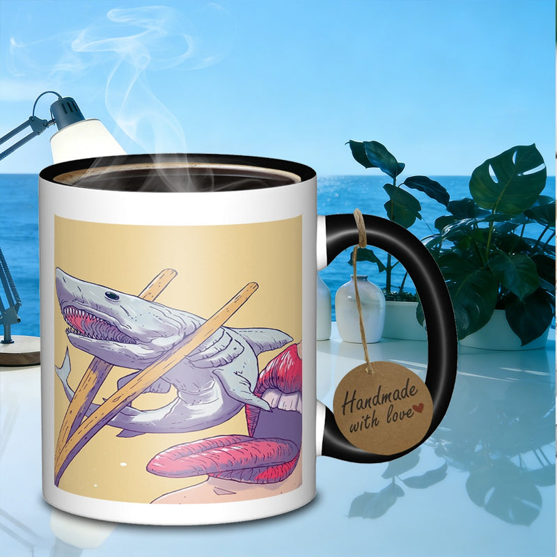Tailorly Black Accent 11 oz Mug - held by chopsticks open mouth design