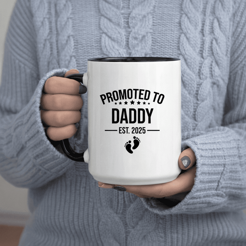 Tailorly Black Accent 11 oz Mug - to Daddy Est 2025 Footprints Announcement Gift for New Dad