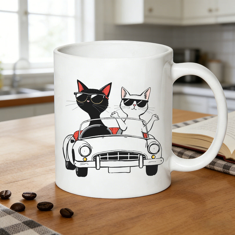 Tailorly White Ceramic 11 oz Mug - retro cartoon black white cat car ride