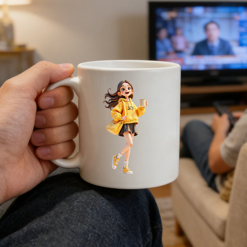 Tailorly White Ceramic 11 oz Mug - cute cartoon girl with yellow outfit