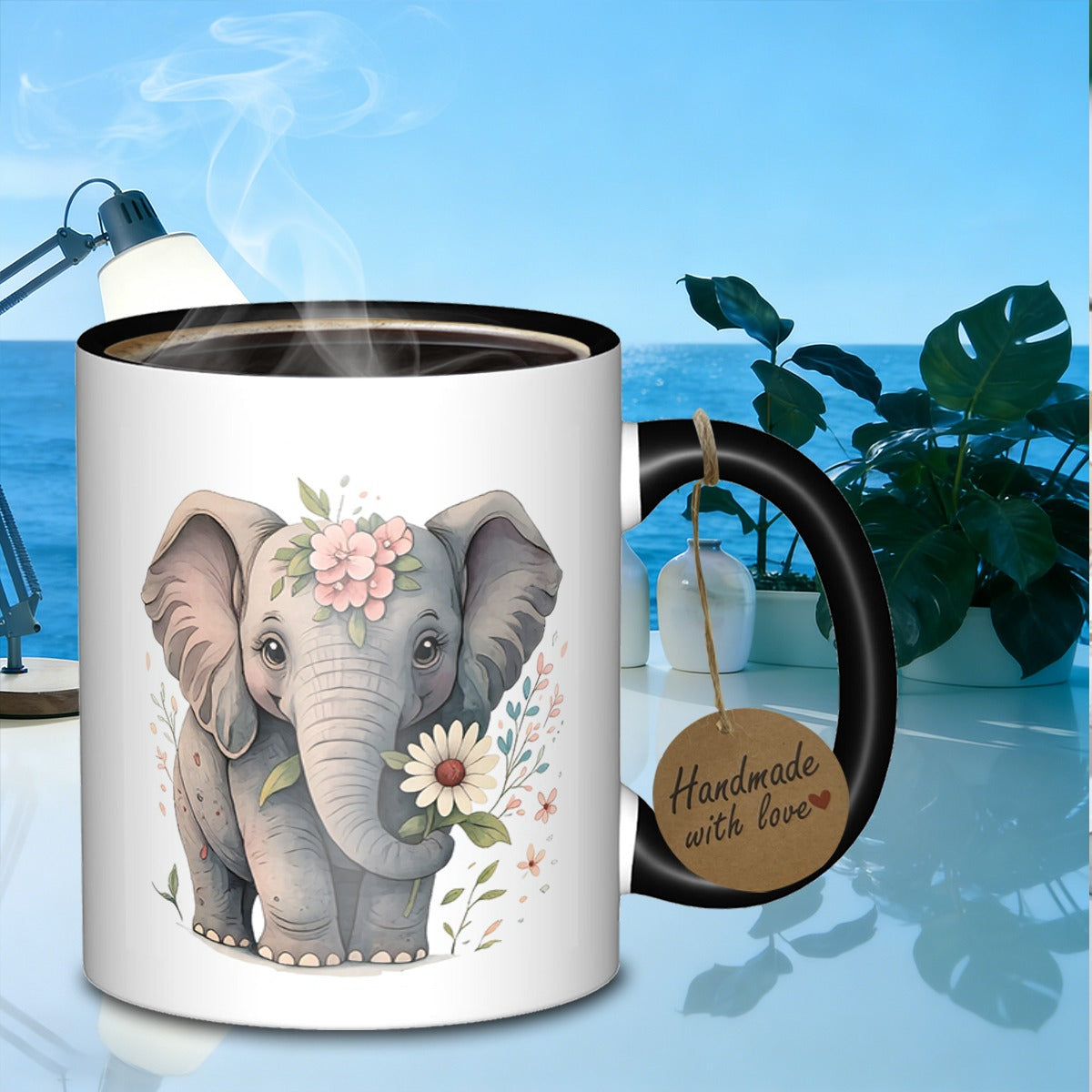Tailorly Black Accent 11 oz Mug - floral elephant portrait