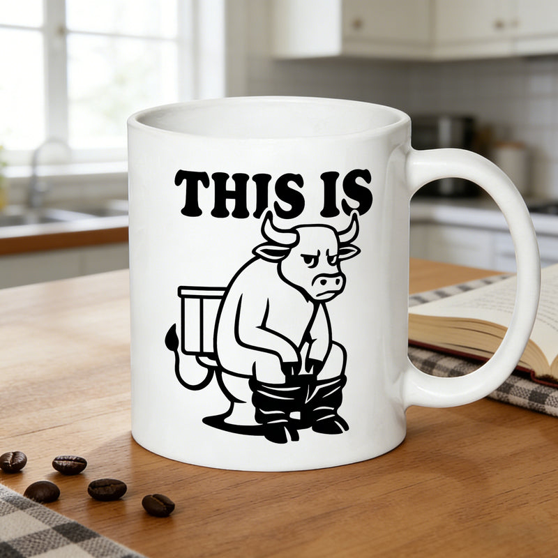 Tailorly White Ceramic 11 oz Mug - bull on toilet with text "bullshit"