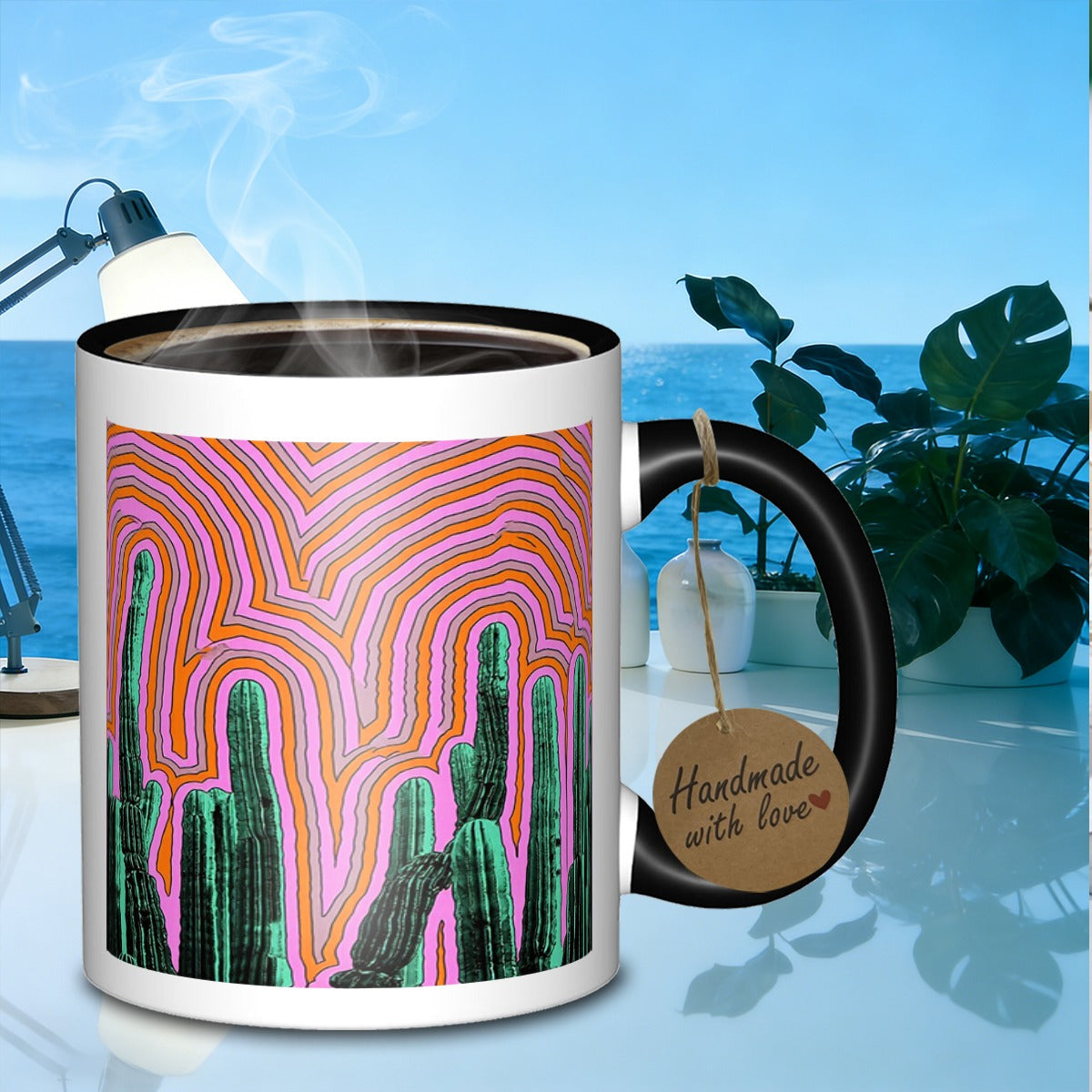 Tailorly Black Accent 11 oz Mug - cactus themed topographic contour lines