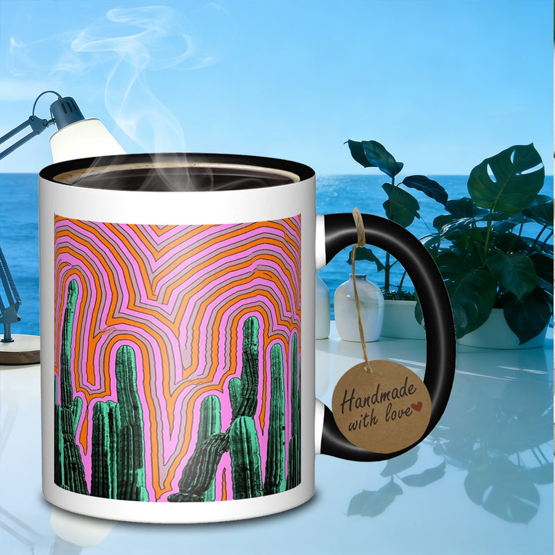 Tailorly Black Accent 11 oz Mug - cactus themed topographic contour lines
