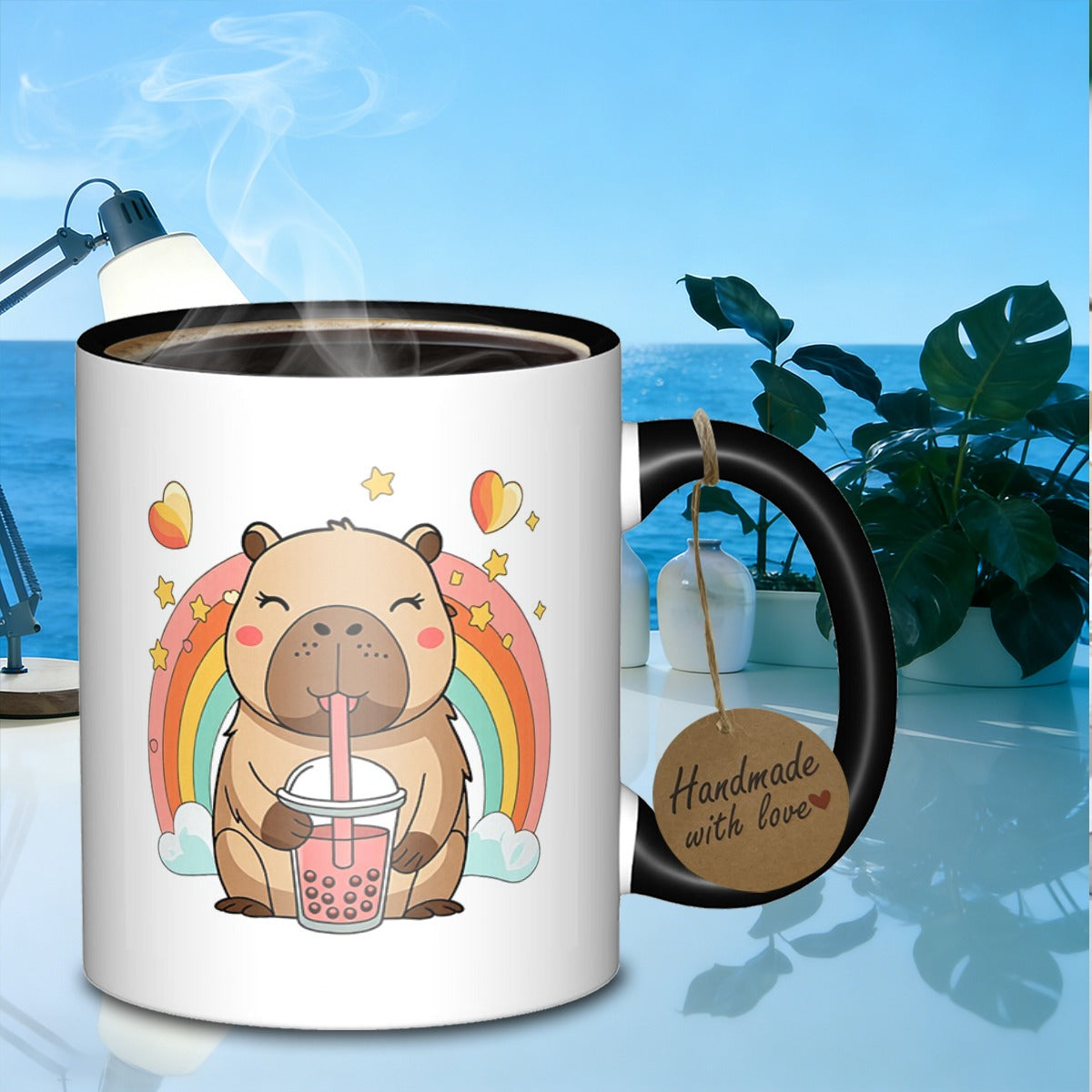Tailorly Black Accent 11 oz Mug - cute capybara with boba flower pattern