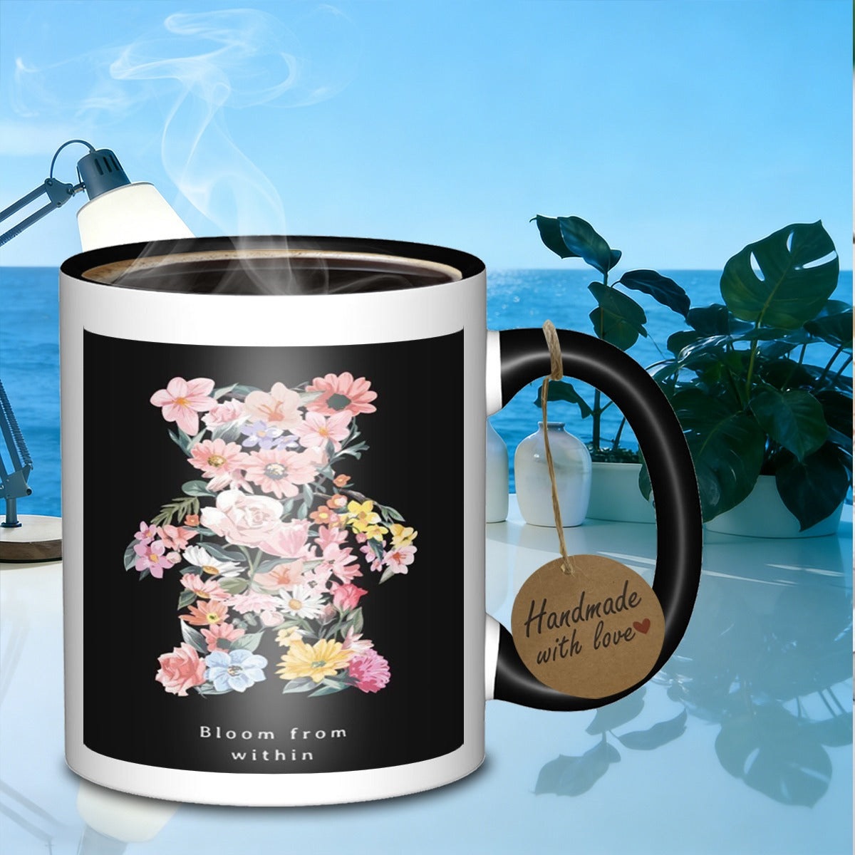 Tailorly Black Accent 11 oz Mug - floral teddy bear shape