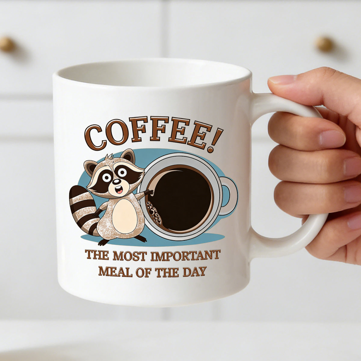 Tailorly White Ceramic 11 oz Mug - coffee the most important meal raccoon
