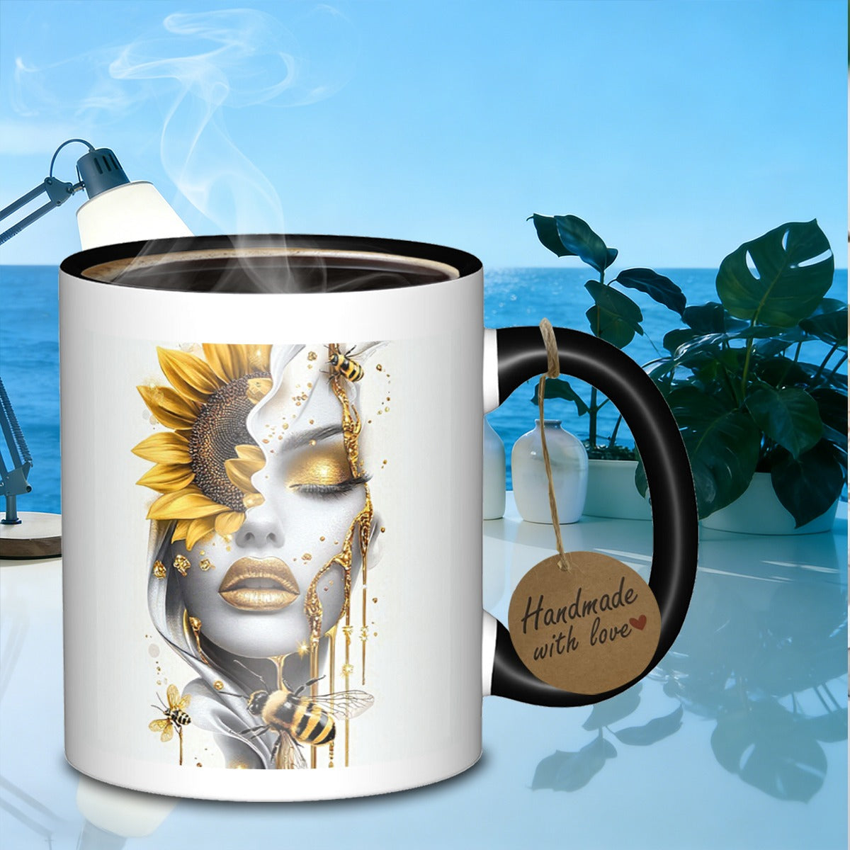 Tailorly Black Accent 11 oz Mug - floral woman with bees